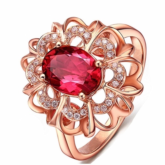 18k Rose Gold Plated Colorful Gemstone Ring Crystal Ruby inlaid Halo Design - Picture 4 of 7